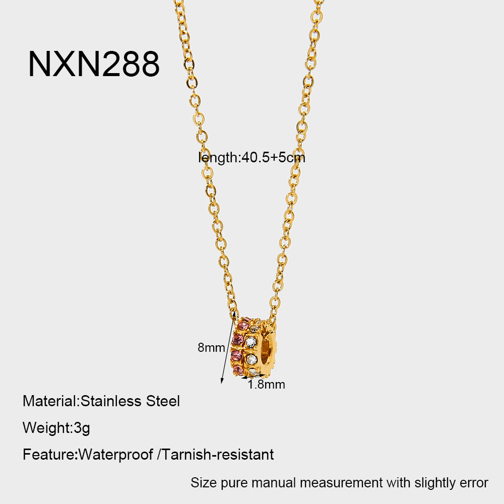 simple and light luxury double-ring pendant necklace with pink and white zircon, 18k gold plated, versatile for commuting, collarbone chain