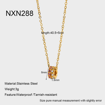 simple and light luxury double-ring pendant necklace with pink and white zircon, 18k gold plated, versatile for commuting, collarbone chain