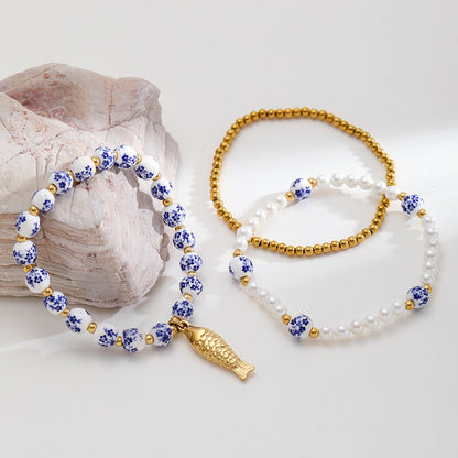 Stainless steel carp pendant, blue and white porcelain beads, pearl bracelet, plated with 18K gold, exquisite vintage hand jewelry