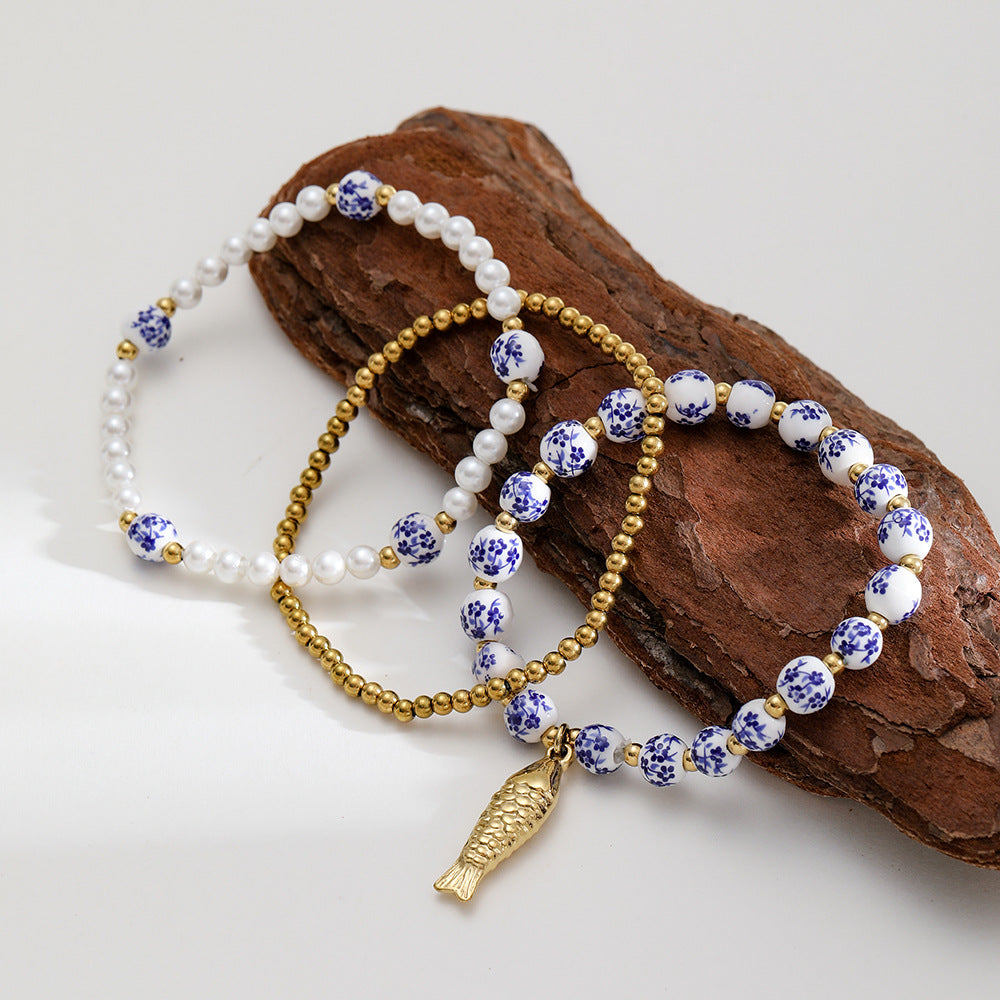 Stainless steel carp pendant, blue and white porcelain beads, pearl bracelet, plated with 18K gold, exquisite vintage hand jewelry