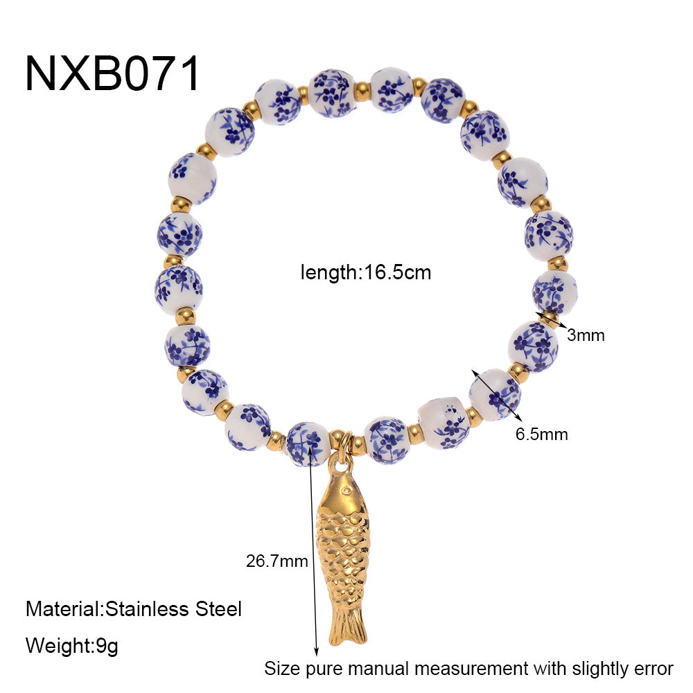 Stainless steel carp pendant, blue and white porcelain beads, pearl bracelet, plated with 18K gold, exquisite vintage hand jewelry