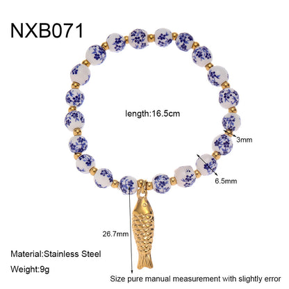 Stainless steel carp pendant, blue and white porcelain beads, pearl bracelet, plated with 18K gold, exquisite vintage hand jewelry