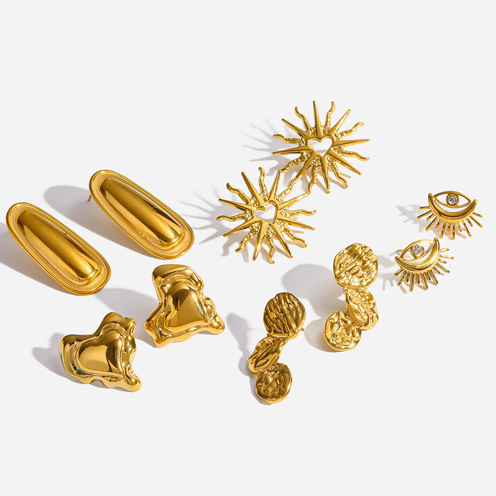 Hot-selling light luxury 18K gold-plated stainless steel earrings with vintage texture, heart, sun, and eye stud earrings