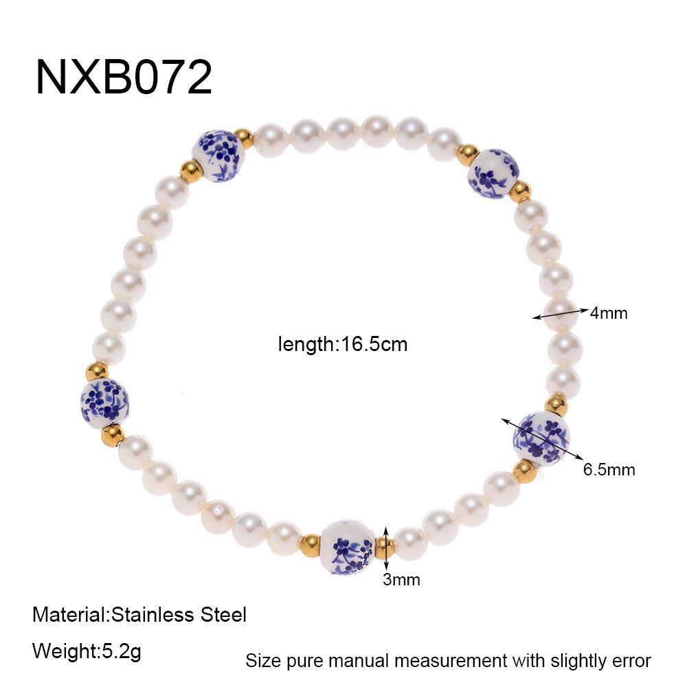 Stainless steel carp pendant, blue and white porcelain beads, pearl bracelet, plated with 18K gold, exquisite vintage hand jewelry