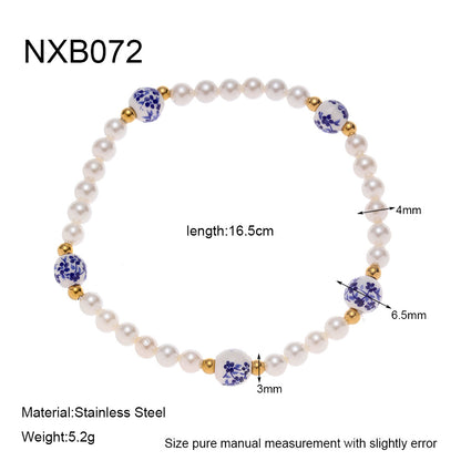 Stainless steel carp pendant, blue and white porcelain beads, pearl bracelet, plated with 18K gold, exquisite vintage hand jewelry