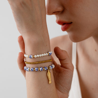 Stainless steel carp pendant, blue and white porcelain beads, pearl bracelet, plated with 18K gold, exquisite vintage hand jewelry